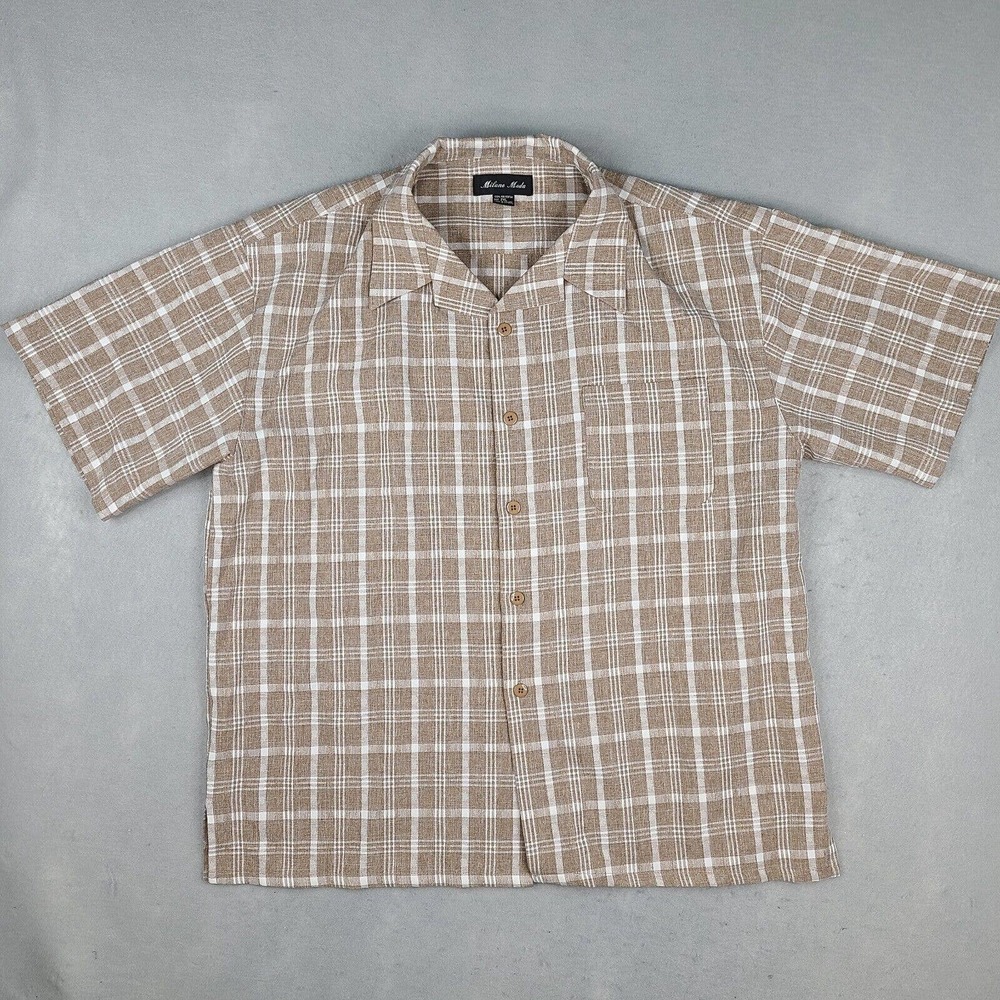 Milano‎ Moda Shirt Men's XXL Brown White Plaid Button Down Casual